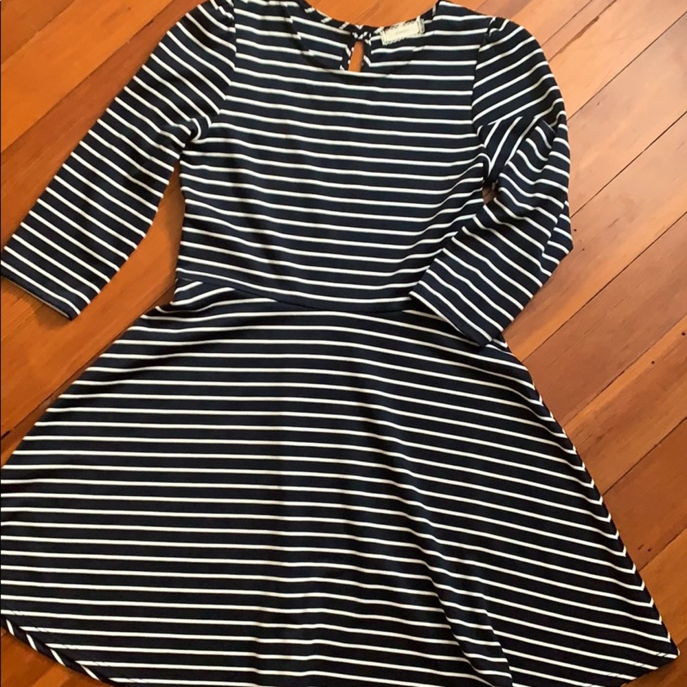 3/4 length navy and white stripe A line dress